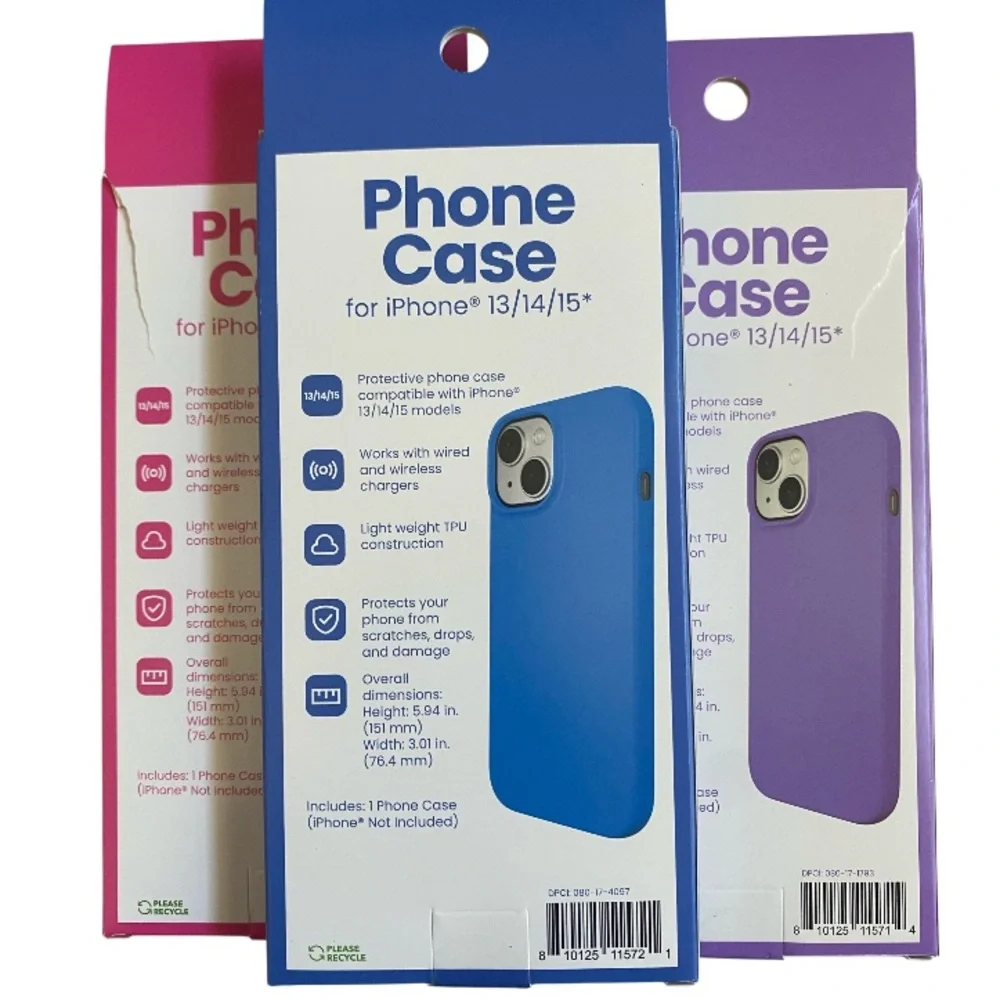 Phone Cases for iPhone 13/14/15 - SET OF THREE Blue, Pink & Purple Brand New